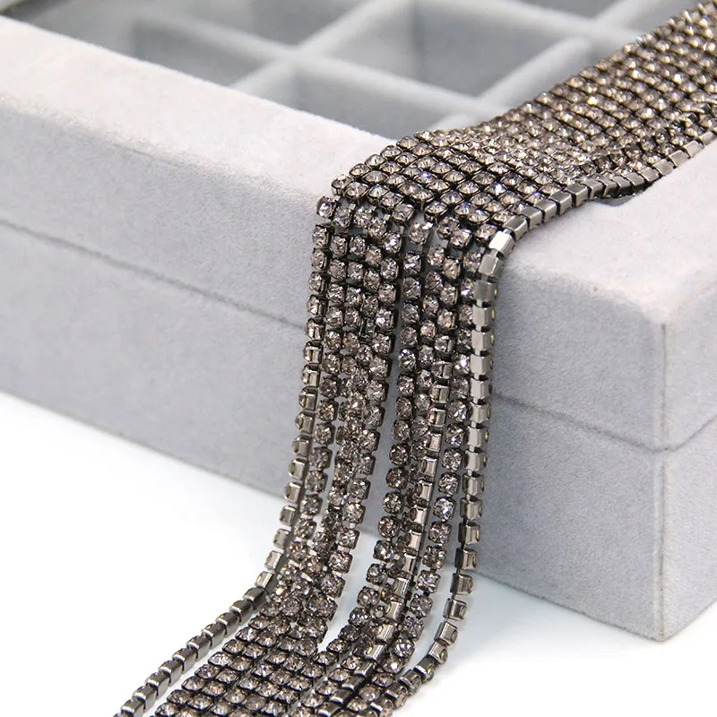 Free shipping 5yard/pack High quality Metal black base Gray glass Rhinestones Cup Chain DIY Wedding decoration Accessories