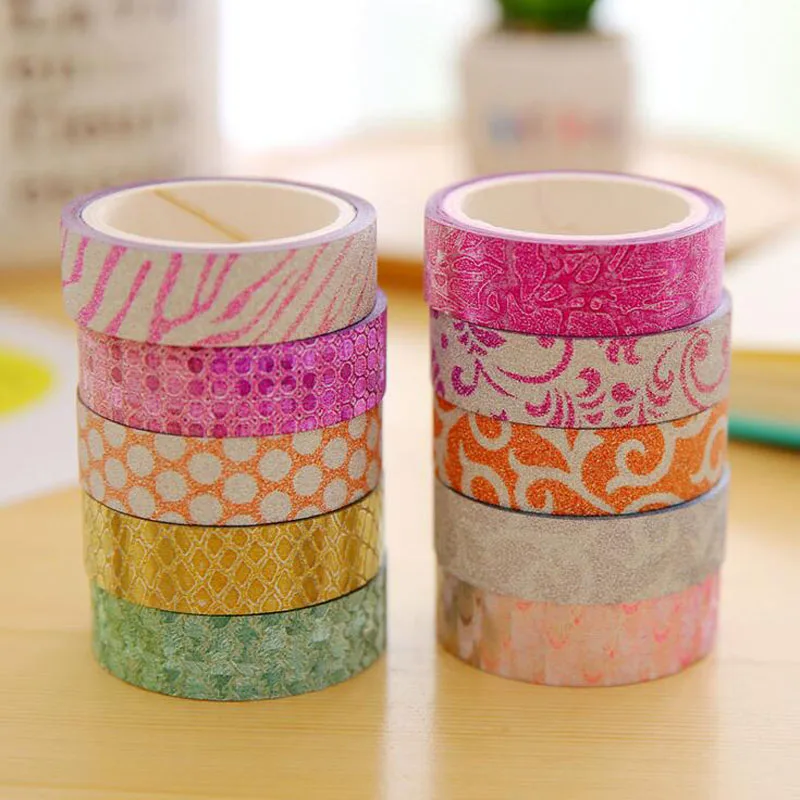 10X New Style Blingbling Bright Color Decorative Washi Tape Adhesive Masking Tape Stationery Sticker Stick Label