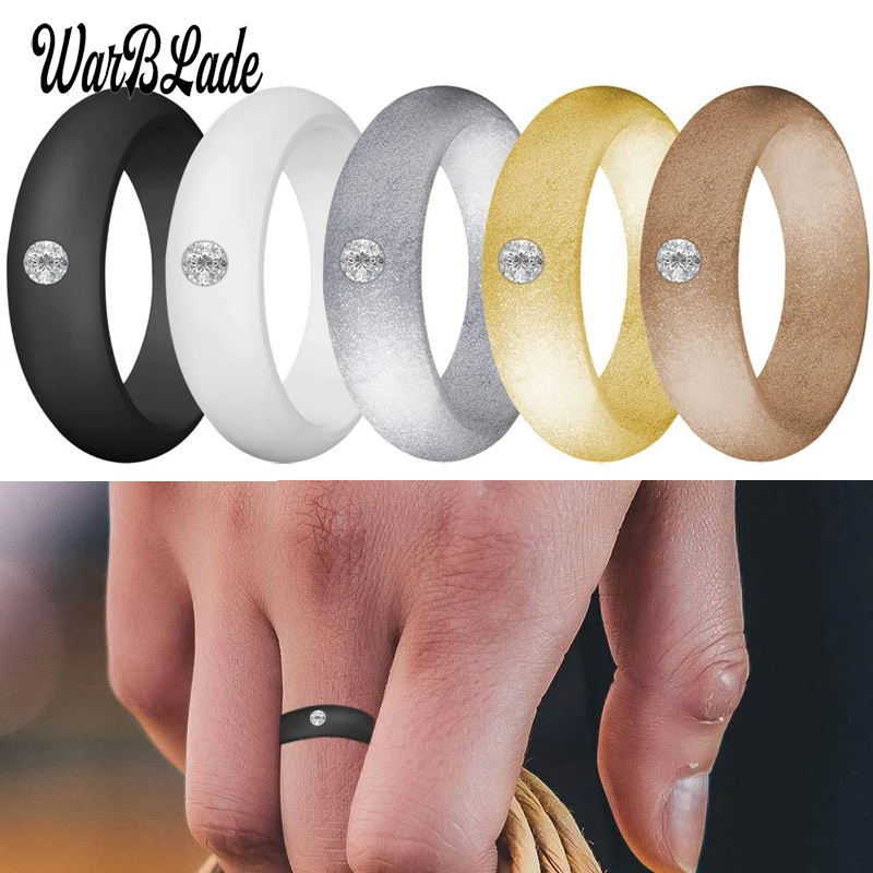 New 5.7mm Rhinestone Silicone Rings Food Grade FDA Silicone Finger Ring Hypoallergenic Flexible For Women Wedding Rubber Bands