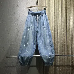 2023 Spring Summer New Jeans Women's Thin Colored Diamond Rhinestones Loose Elastic Waist Girls Ladies Denim Harem Pants