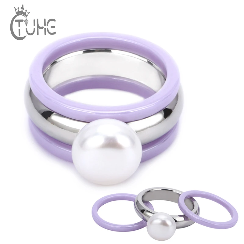 3pcs/Set Big Pearl Women Female Rings 2MM Smooth Width Purple Color Ceramic Rings For Women Anniversary Jewelry Can Be Separated