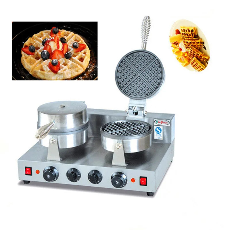 220V ไฟฟ้าสแตนเลสสตีลเครื่องวาฟเฟิลวาฟเฟิลคู่ Baker Non-Stick Waffle Maker เครื่อง