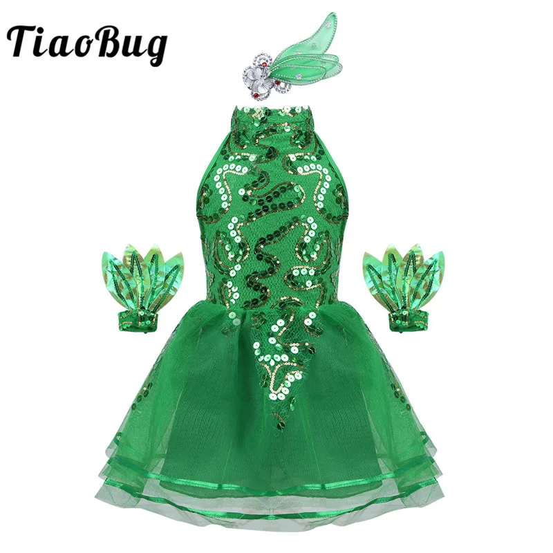 Sequins Ballet Tutu Dress Kids Girls Green Halter Jazz Dance Costume Outfits Shiny Tulle Sleeveless Stage Dancing Leotards