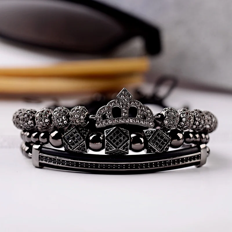 Luxury CZ King Crown Charm Men\'s Copper Bead Macrame Bracelets Fashion Geometric Long Tube Set Bracelets&Bangles For Women