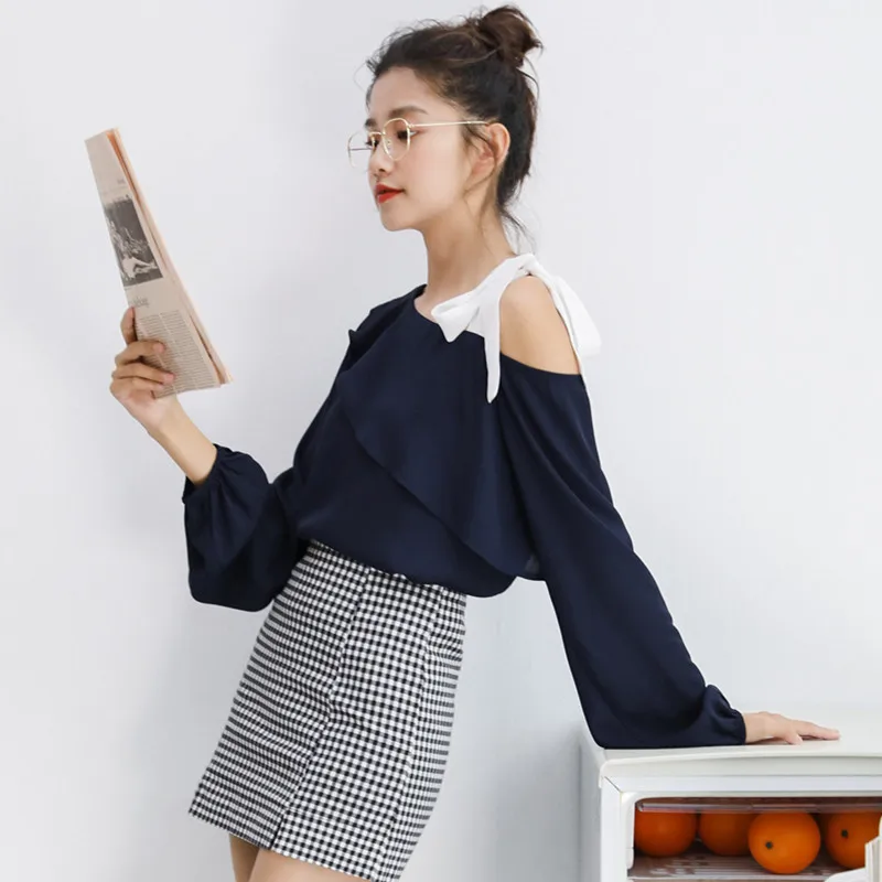 Spring Chic Chiffon Shirt Strapless Long Sleeves Skew Collar Blouse Top Women Casual Fashion Preppy Style Student Shirts H9177