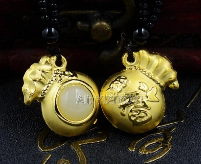 Natural White HeTian Jade + 18K Solid Gold Chinese Coin Fu Money Bag Lucky Pendant + Free Necklace Fine Jewelry + Certificate