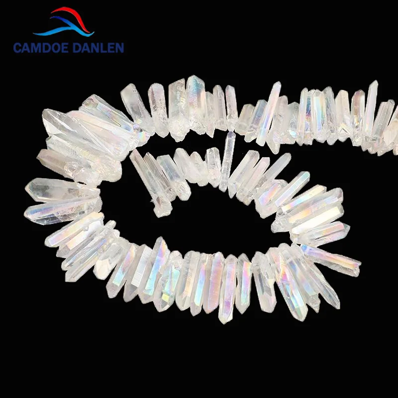 

CAMDOE DANLEN Natural Large Rainbow White Mystic Titanium Quartz Rock Raw Crystal Pillar Top Drilled 15" Strand Diy Jewelry Part