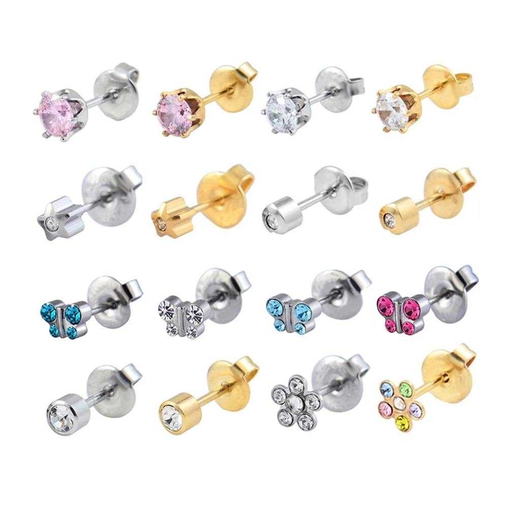 Pair of Ear Piercing Stud Earring Jewelry with CZ Gem Crystal Fashion Style Star Heart Pearl Butterfly Charm Daisy Flower