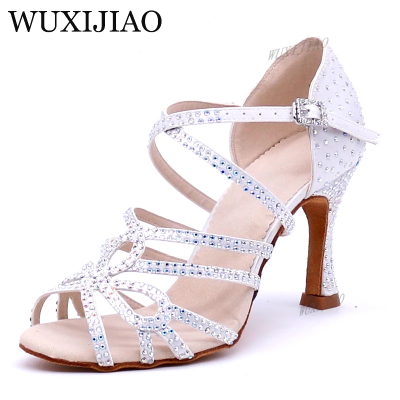 WUXIJIAO New Glitter Rhinestone Latin Dance Shoes Women Satin Salsa Dancing Shoes For Woman Tango Ballroom Shoes For Dacne