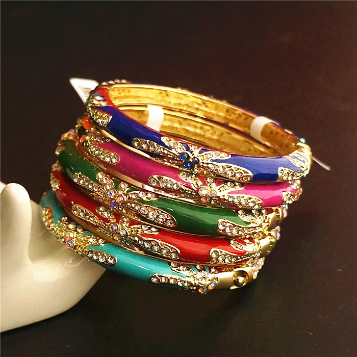 Thin Colour Rhinestone Enamel Bangle Bracelet Chinese Cloisonne Ethnic Bangles For Women Fashion Jewelry birthday Gift