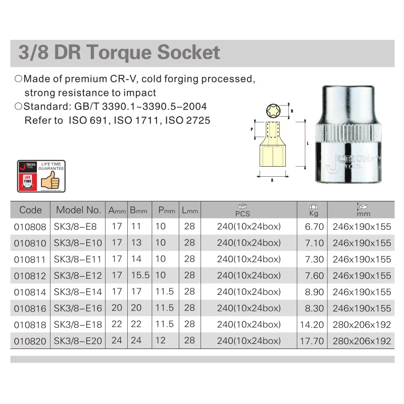 Jetech 1pc 9.53mm 3/8-inch drive torx star bit female E sockets E8 E10 E11 E12 E14 E16 E18 E20 Cr.v steel socket wrench