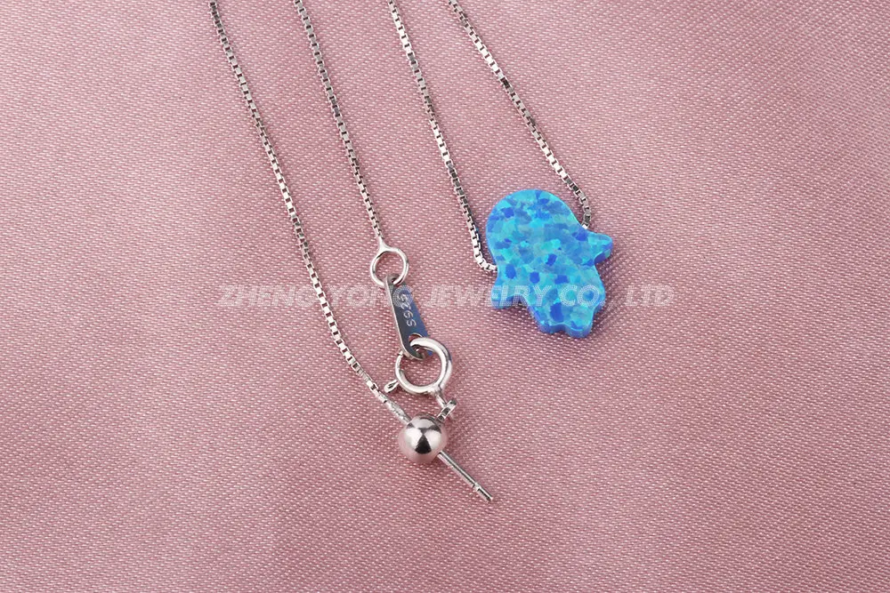 Blue Hamsa Hand Stone Necklace 925 Silver Box Chain