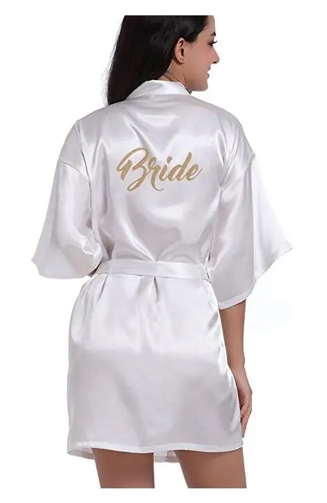 

RB91 2017 Fashion Silk Bride of Mother Robe with Gold Letter Sexy Women Short Satin Wedding Kimono Sleepwear Get Ready Robes