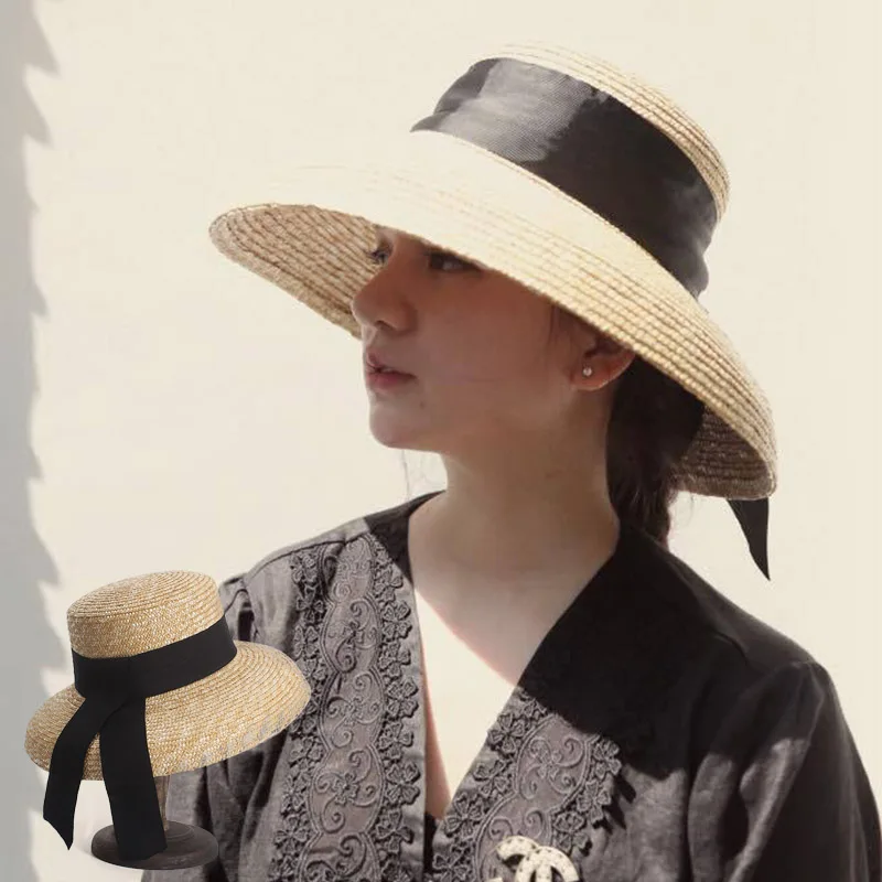 Wide Brim Summer Sun Hat for Women Kentucky Derby Hats Ladies Wheat Straw Hat Black Ribbon Flat Top Handmade Leisure Beach Hats