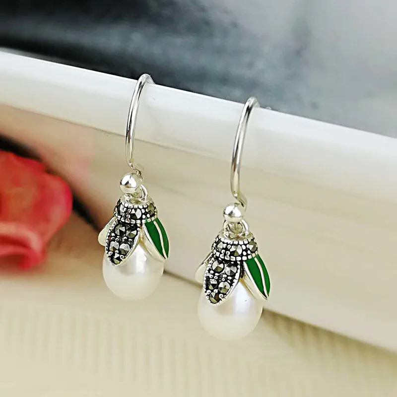 

S925 Silver Hand-inlaid Zircon Enamel Flower Bell Pearl Earrings