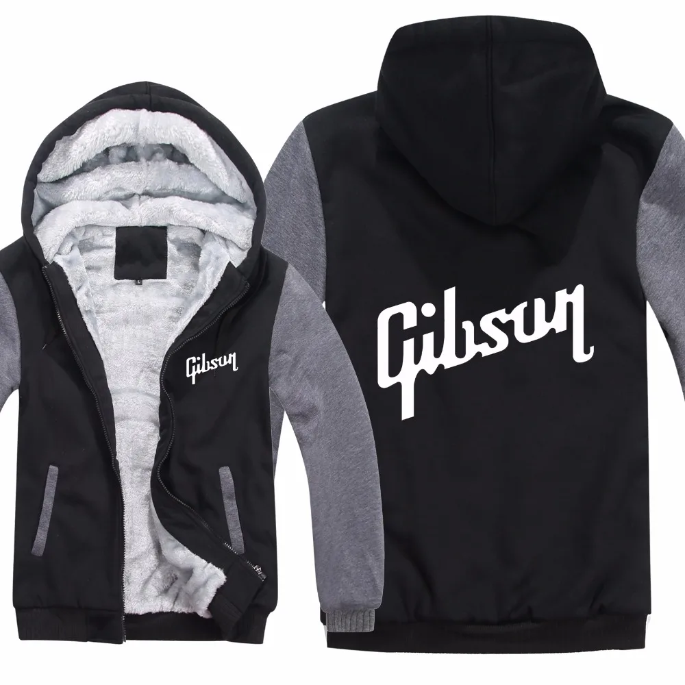 Winter Warm Guitar brand Gibson Logo Mens Zipper Hoodies Fleece Thicken Music Fans Fashion Jacket Sweatshirt Coat