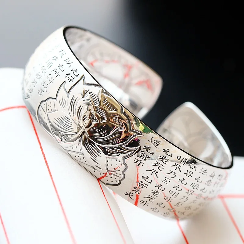 

Retro Silver Jewelry Wholesale S990 Sterling Silver Bangle Bodhisattva Heart Bangle Silver Lotus Flower Wide Open Ended Bangle