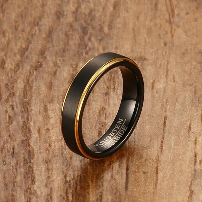 Vnox Black Tungsten Rings for Men 5MM Thin Gold-color Wedding Rings for Male Jewelry