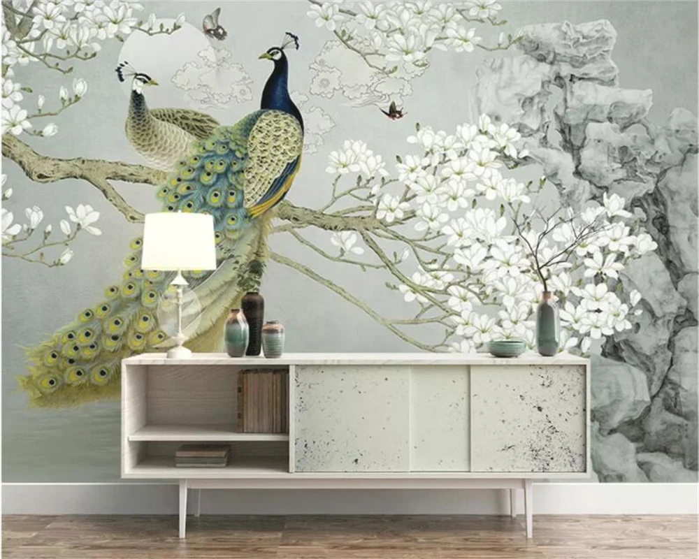 Custom wallpaper new Chinese white magnolia peacock rockery living room sofa TV background papier peint 3d wallpaper