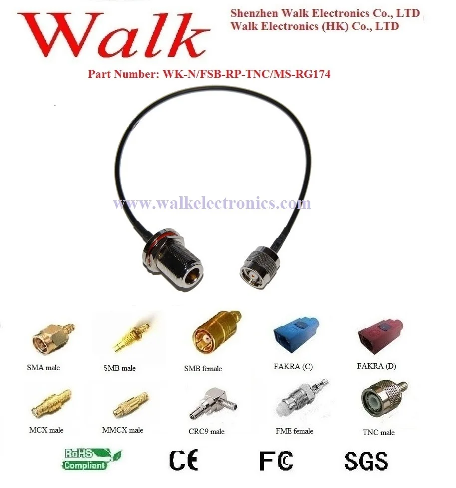 

RF cable assembly: N female straight bulkhead to RP-TNC male straight with RG174 cable