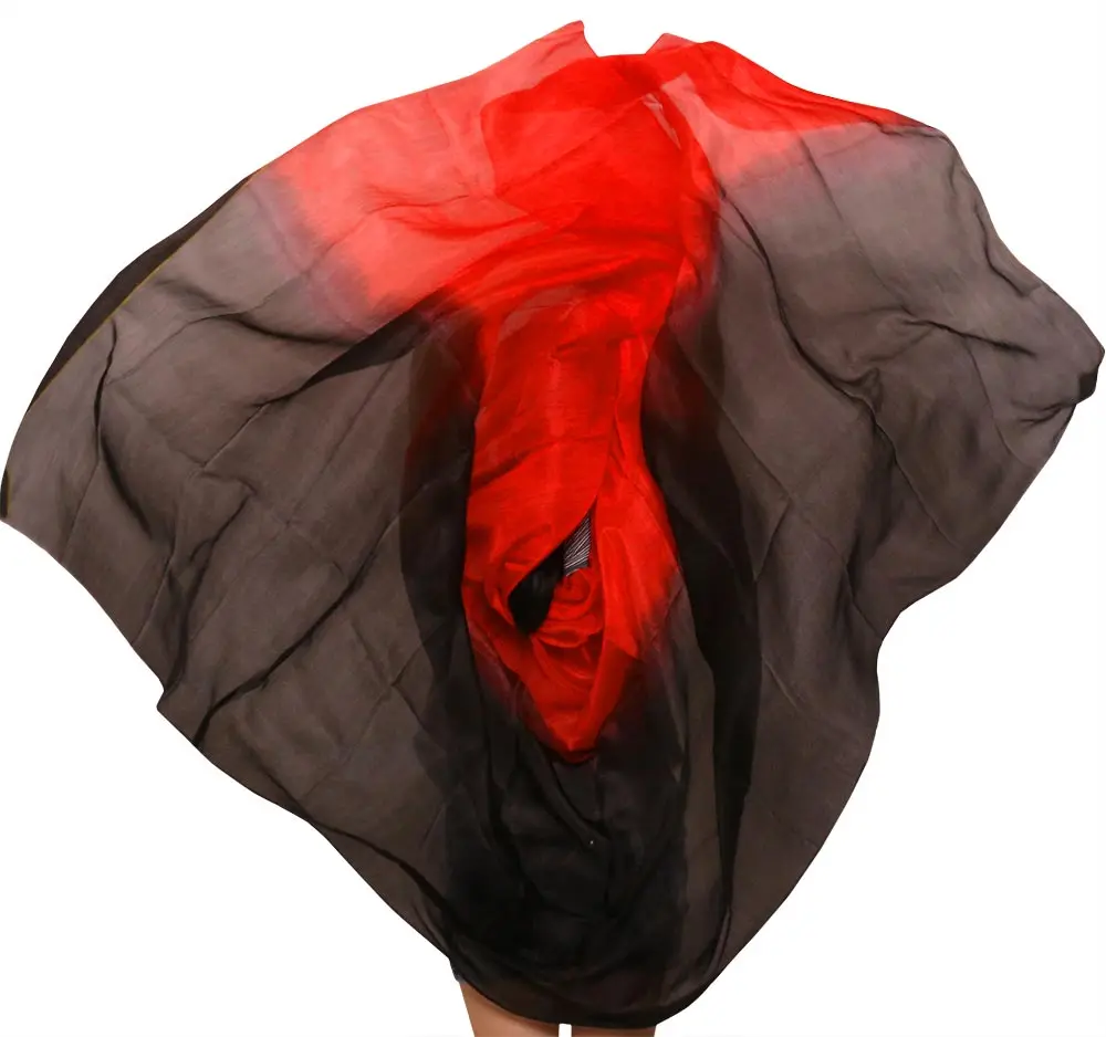 100% Silk Stage Performance Prop Double Colors Dye Veils Scarf Women Dance Accessories Belly Dance Silk Veil Black+Red 250*114cm