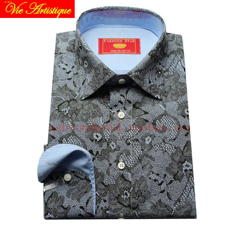 

custom tailor made Men's bespoke cotton floral dress shirts business formal wedding ware blouse 2019 designer grey lace flower