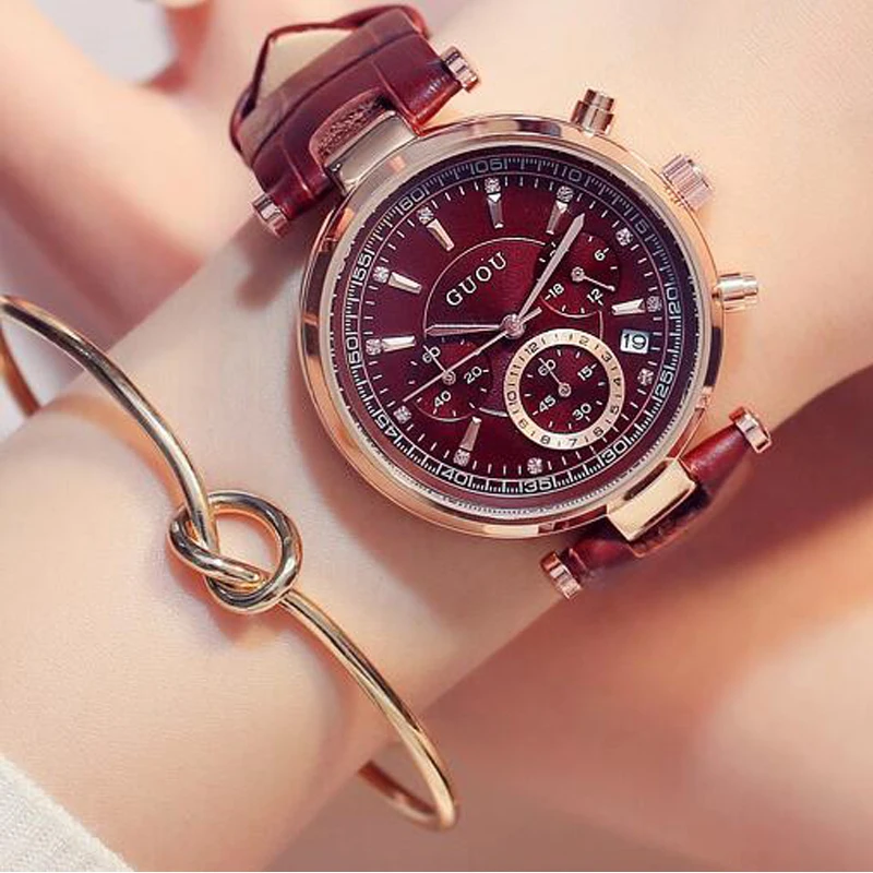 

Fashion GUOU Top Brand Women Luxury Waterproof Six-pin Calendar Leather Quartz Ladies Dress Watches Bracelet Girl Gift Clocks