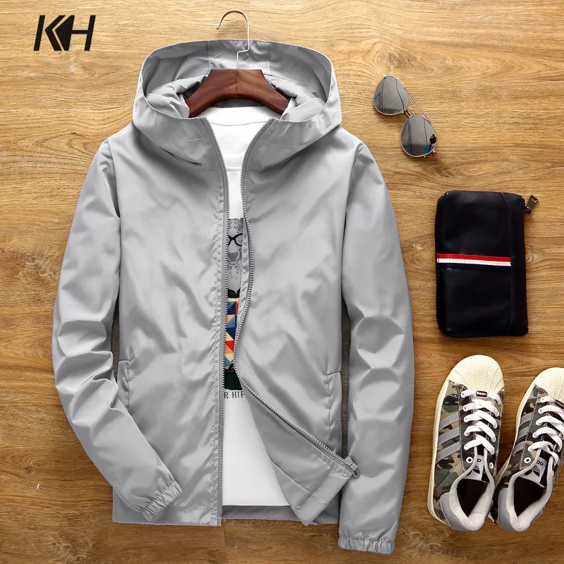 KH Men's Spring and Autumn Hooded Casual Jacket Man Solid Color Windbreaker Coat Male Outwear Jaqueta Masculina Plus Size S~7XL