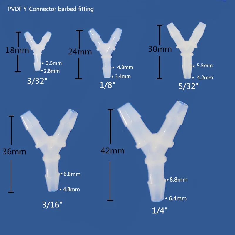 PVDF Barbed Y Connector Y Tubing Connector Three-way Connector Hose Fitting Ozone Resistance Size 3/32