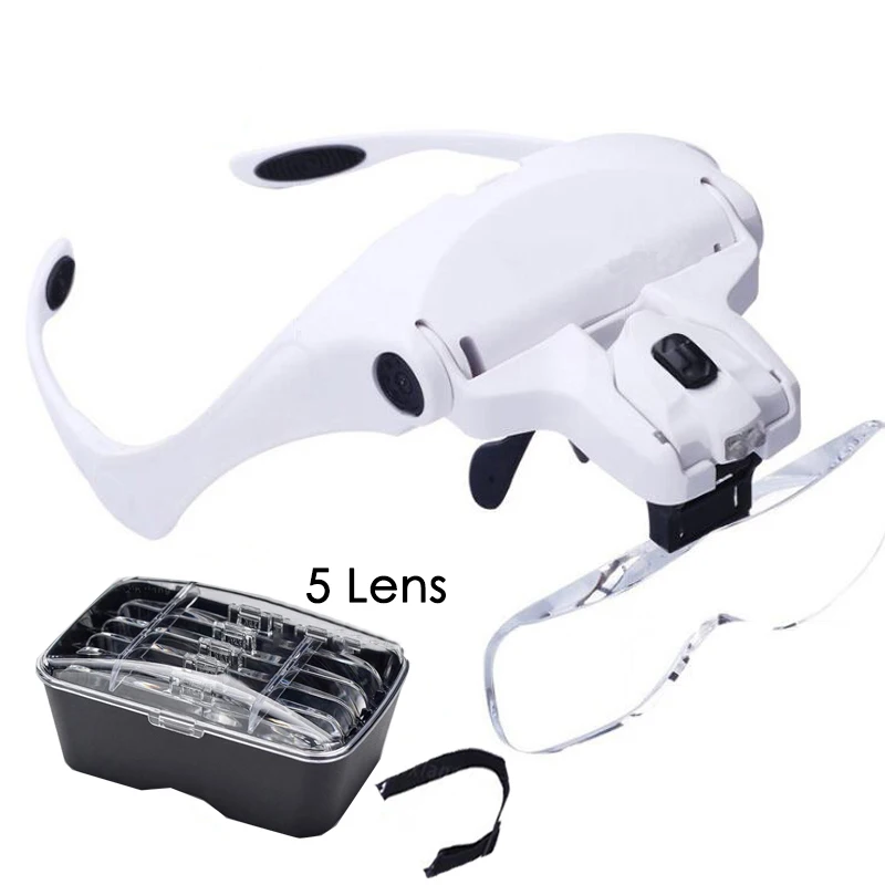 

5 Lens (1.0X 1.5X 2.0X 2.5X 3.5X) Adjustable Headband LED Magnifier Glass Loupe LED Light Magnifying Glasses With Lamp