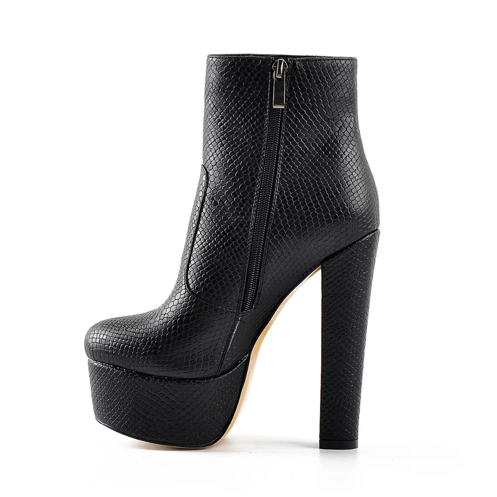 Onlymaker Women Round Toe Platform Ankle Boots Block High Heel Chunky Heels Snake skin Party Big Size Booties Shoes