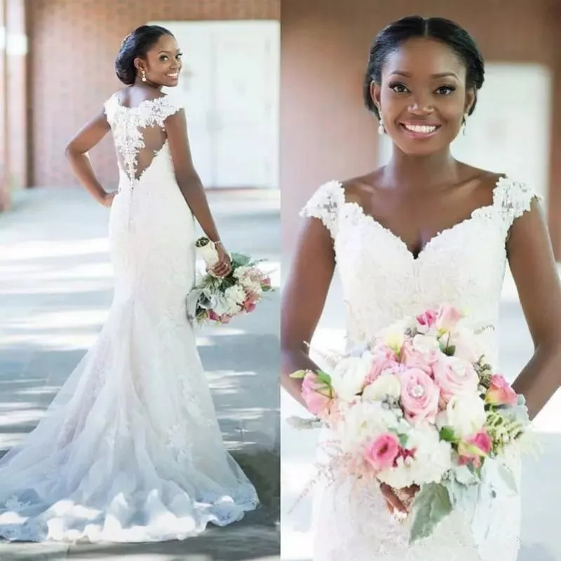 Vestido De novia africano De sirena con cuello en V, traje De boda Sexy con botones De encaje, Espalda descubierta, manga casquillo, 2022