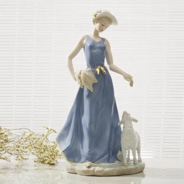 

Vintage Porcelain Lady and Lamb Figurine Ceramic Feamle Statuette Craft Ornament Accessories Furnishing for Room Decor and Gift