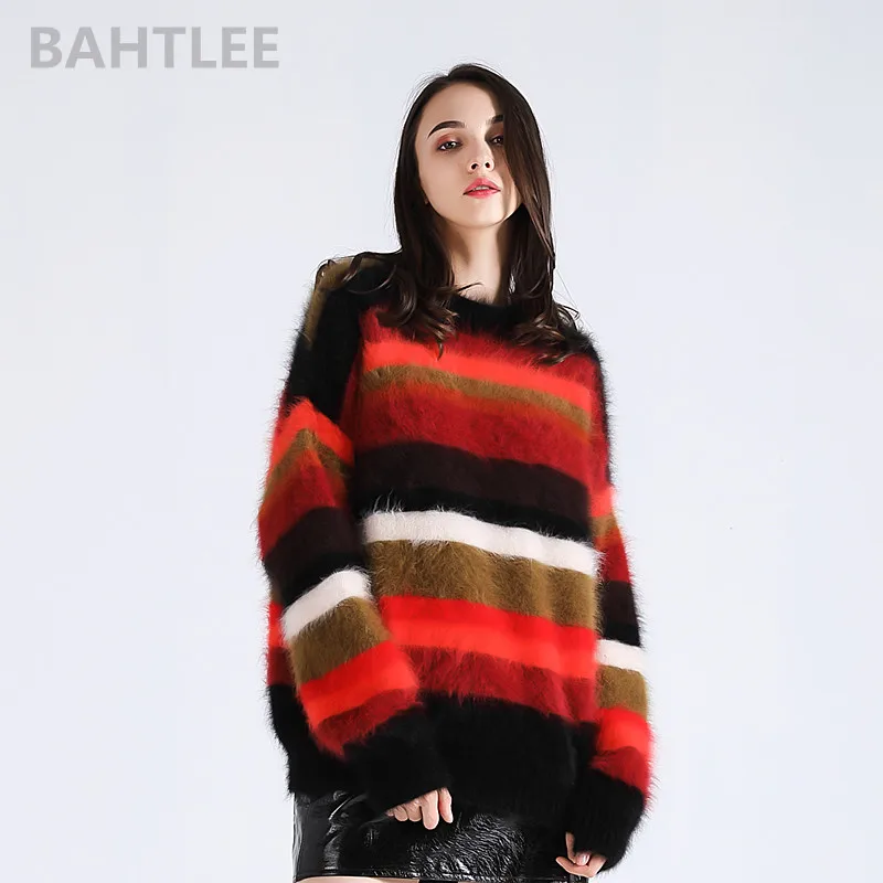 BAHTLEE-Women's Angora Rabbit Pullovers, Knitted Sweater, Loose Rainbow, Keep Warm, Autumn, Winter