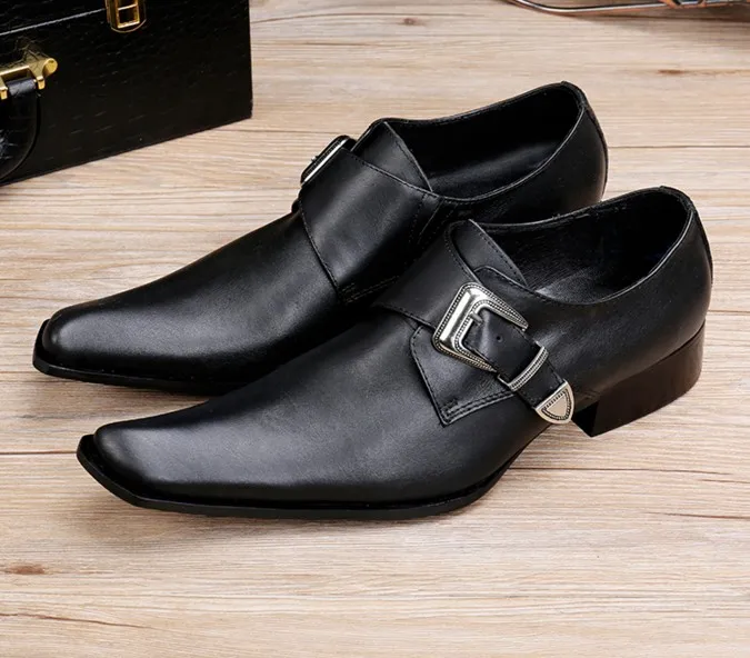 Fashion Genuine Leather Metal Buckle Men\'s Dress Shoes Formal Wedding Office Man Black Pointed Toe Business Luxury Shoes 38-46