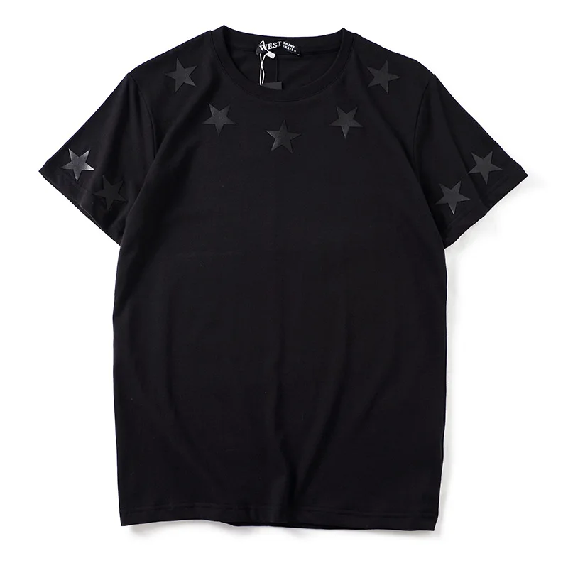 New Novelty 2019 Men Sleeve PU leather stars T Shirts T-Shirt Hip Hop Skateboard Street Cotton T-Shirts Tee Top Kenye #25