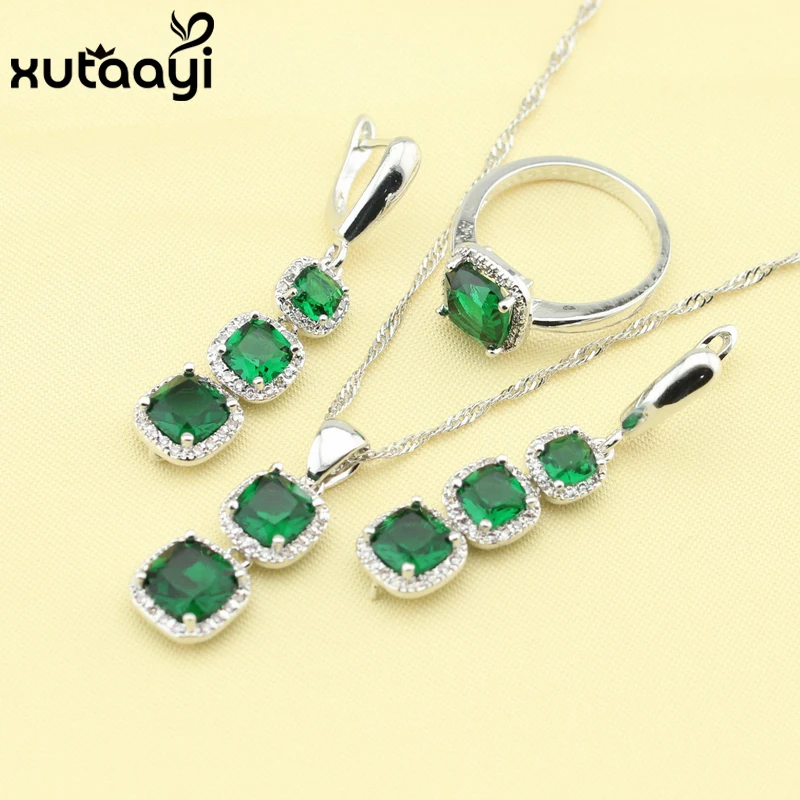 

New Sterling Silver Overlay Jewelry Sets For Women Superb Green Created Emerald Flawless Necklace Rings Earring Free Gift