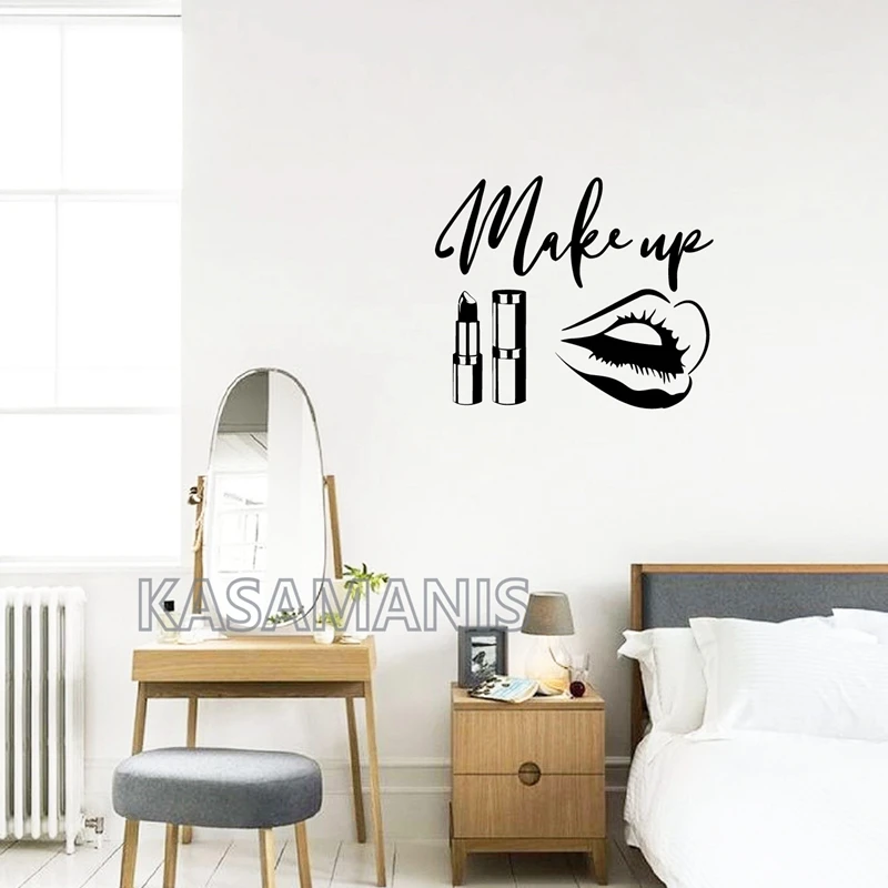 MakeUp Quote Wall Art Decals Beauty Salon Decoration Make Up Lips Decal Lipstick Brushes Wall Stickers Dressing Room Decor