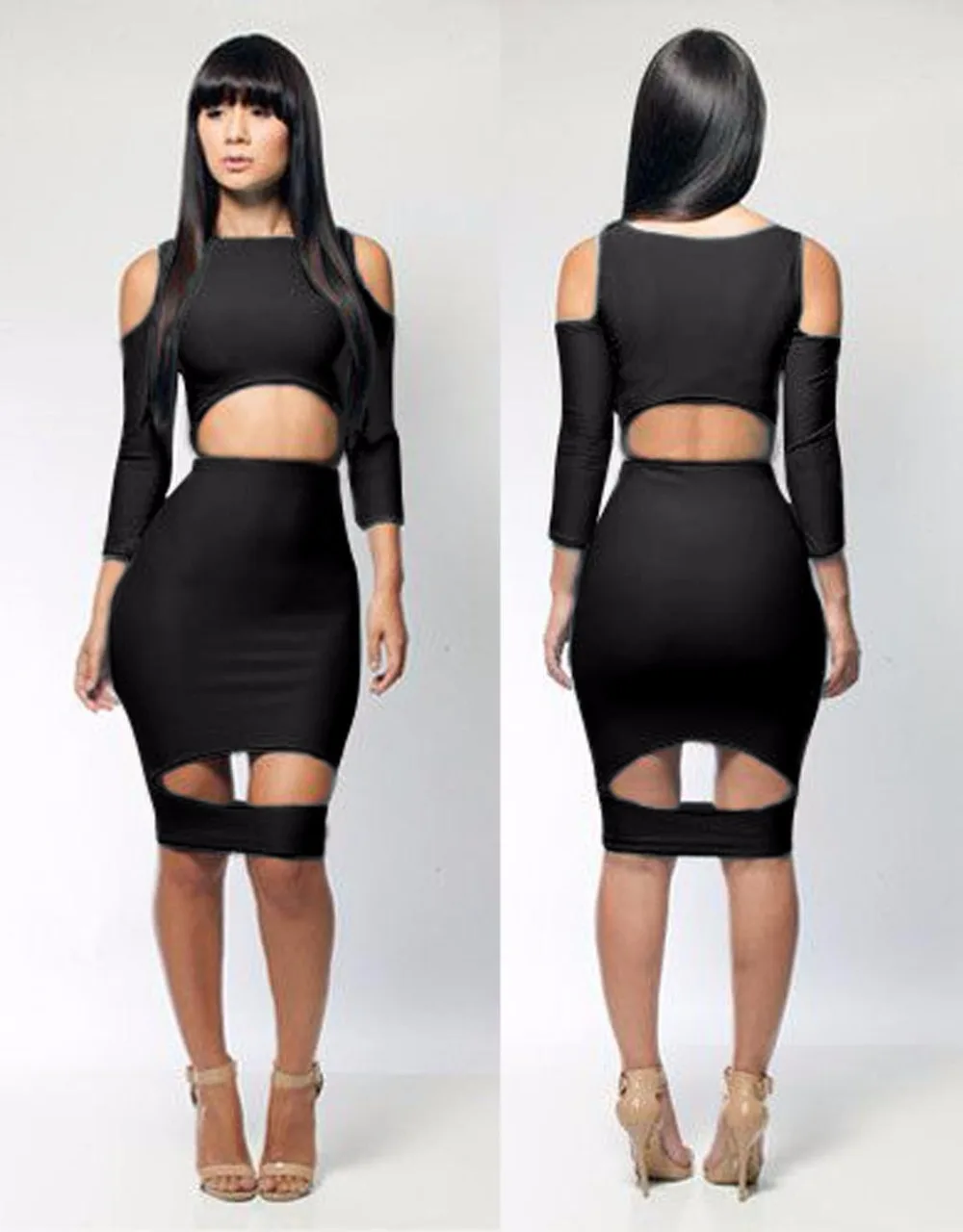 

Long Sleeve Bodycon Cut Out Midi White Black Solid Club Bandage Summer Bodycon Dress Hollow Out Club Dresses