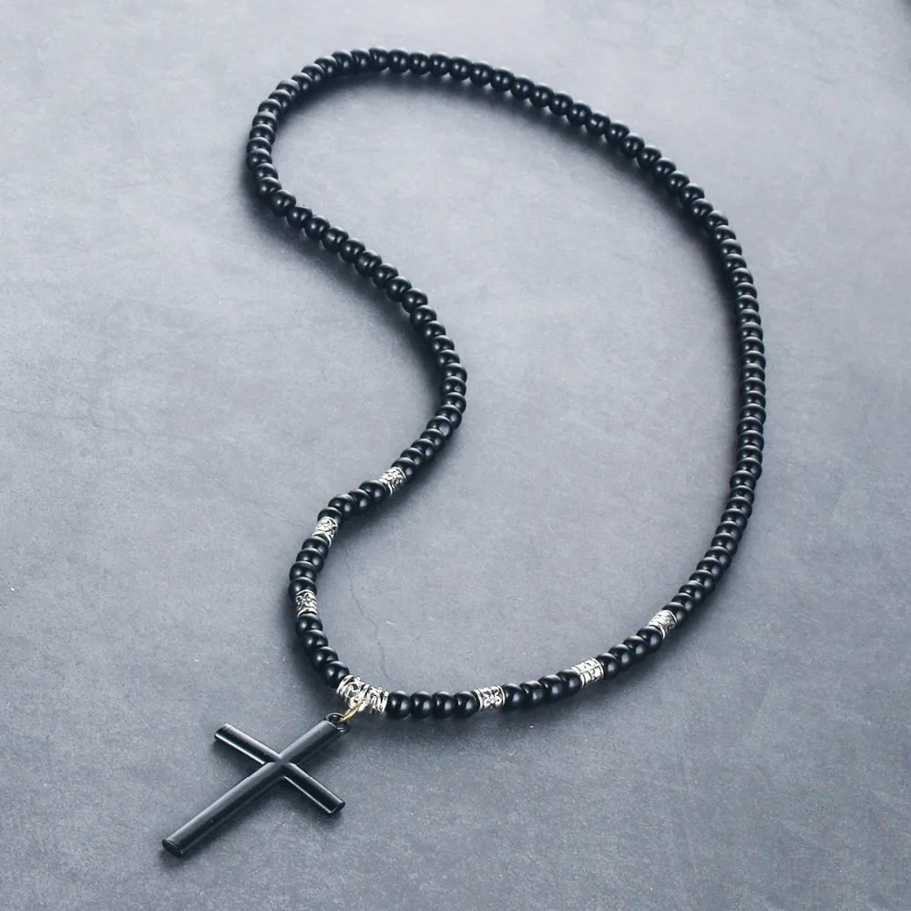 Natural Black Beaded Chain Necklaces Retro Cross Pendant Necklace for Women Statement cloar Mens Religious Jewelry MN222