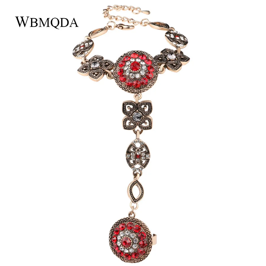 Boho Red Crystal Flower Finger Ring Bracelet Vintage Antique Gold Hand Harness Bracelets For Women Indian Wedding Jewery