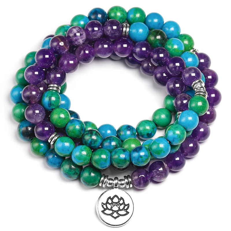 Natural Amethyst 8mm Stone Chrysocolla Beads Healing Bracelet 108 Mala Prayer Yoga Strand Bracelets Women Men Jewelry