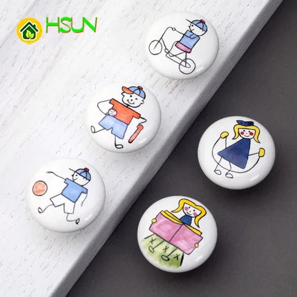 2Pcs Children's Ceramic Cartoon handle Clothes Shoes Doors Drawers handle Rural Reading Sports Series