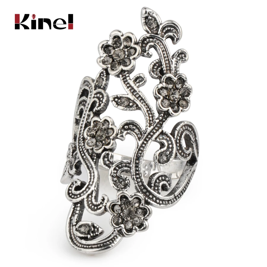 Kinel Graceful Antique Tibetan Silver Crystal Flower Rings For Women Vintage Jewelry Gray Crystal Big Ring Party Accessories