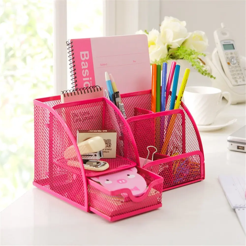 Hot Pink Office Supplies Mesh Desk Organizer Desktop Pencil Holder Accessories Caddy with Drawer, 7 Compartments