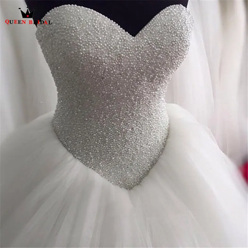 

Custom Made Ball Gown Sweetheart Beaded Pearls Tulle Fluffy Romantic Long Wedding Dresses Wedding Gown 100% Real Photos WS60M