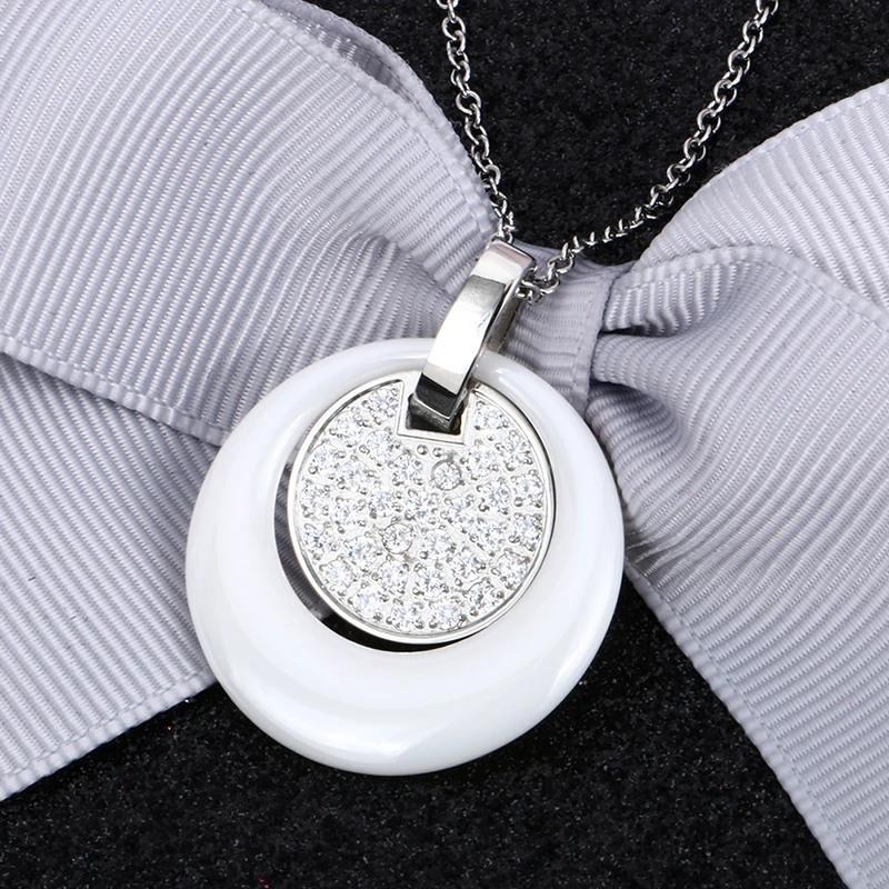 White Pendant Necklace Double Layers Circle Ceramic With Bling Rhinestone Crystal For Women Fashion Jewelry 40cm Steel Chains