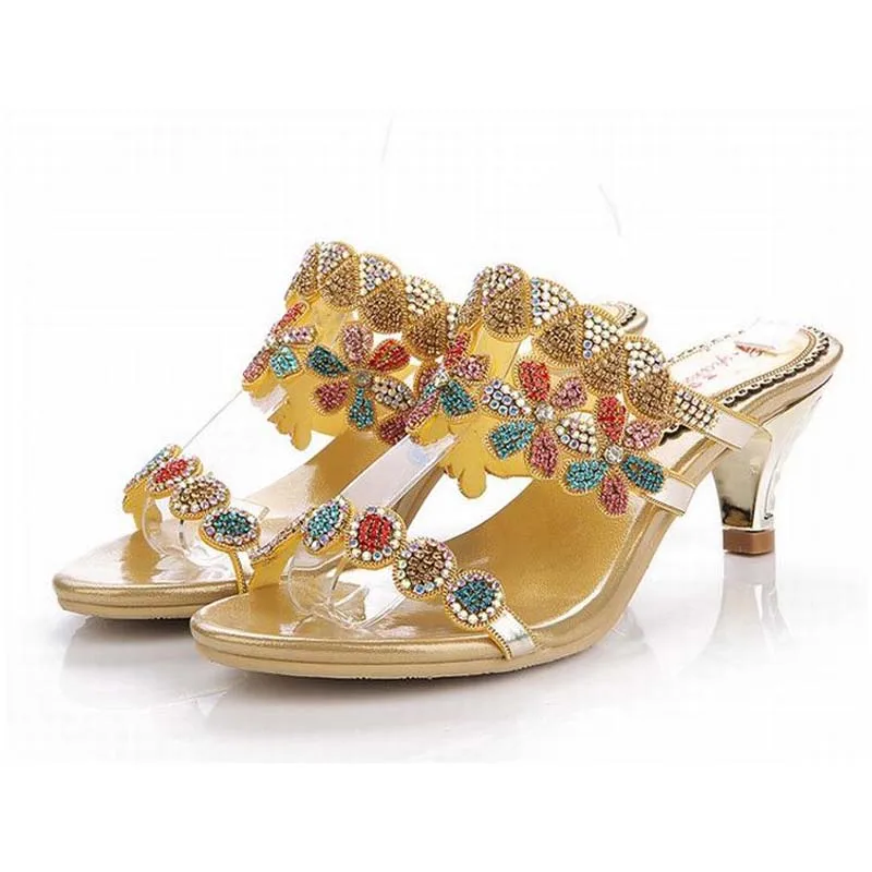 

2018 women crystal flowers med high heels sandals ladies colorful rhinestone slippers comfortable ladies gladiator summer shoes