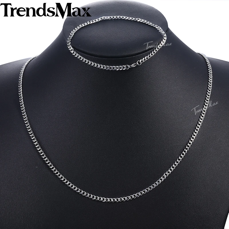 Jewelry Set For Men Stainless Steel Bracelet Necklace Set Curb Cuban Chain 2018 Hip Pop Wholesale Jewelry Male 3mm KKS114