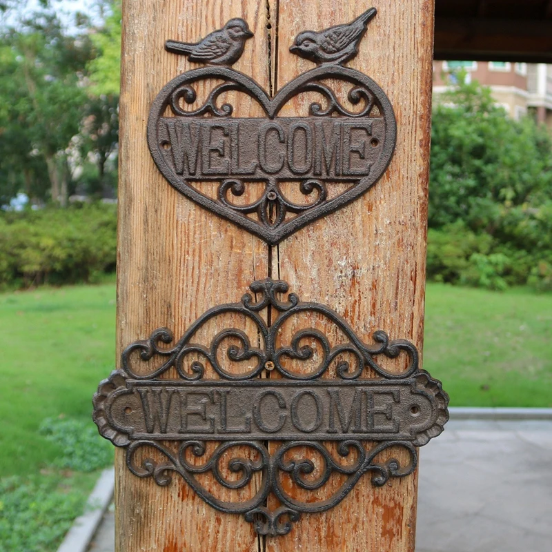 Vintage Hollow Wall Decor Cast Iron Welcome Plaque Signs European Retro Handmade Rustic Home Garden Wall Decor Metal Plate